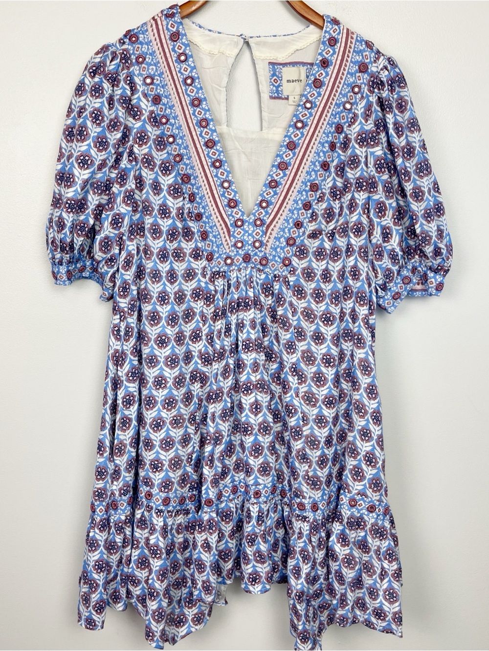 Maeve Boho Floral Mini Dress Women’s Small Blue Pink Embroidered Anthropologie - Picture 2 of 6